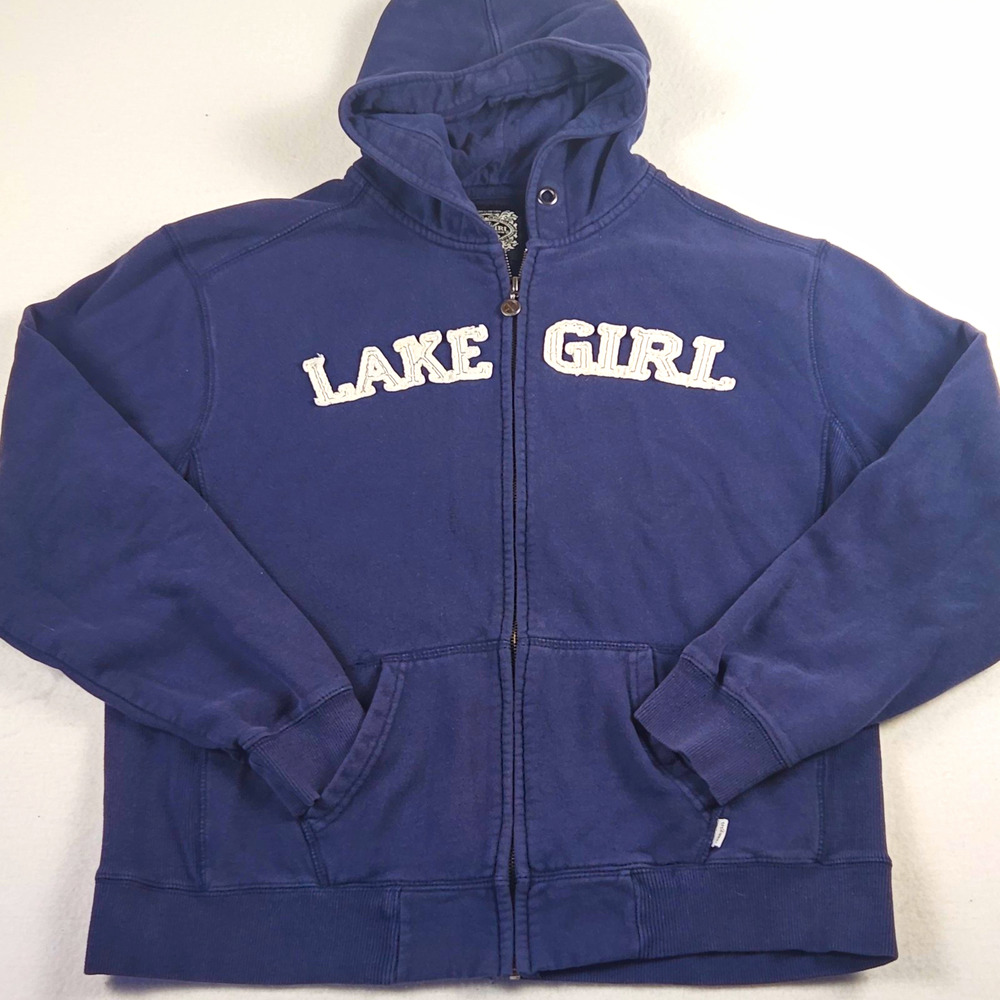 LakeGirl Authentic Lake Gear Navy Logo Fleece Full Zip Hooded Hoodie Womens Sz L